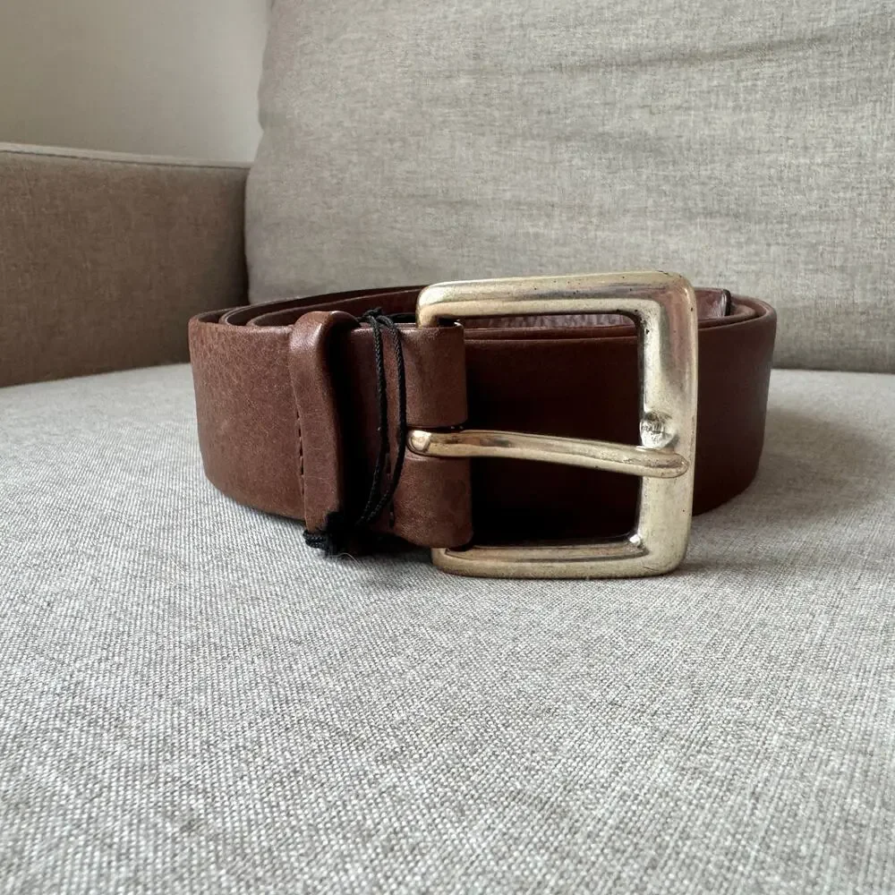 Orciani Copper Moka Brown Italian Leather Silver Square Buckle Belt 100 NEW 36